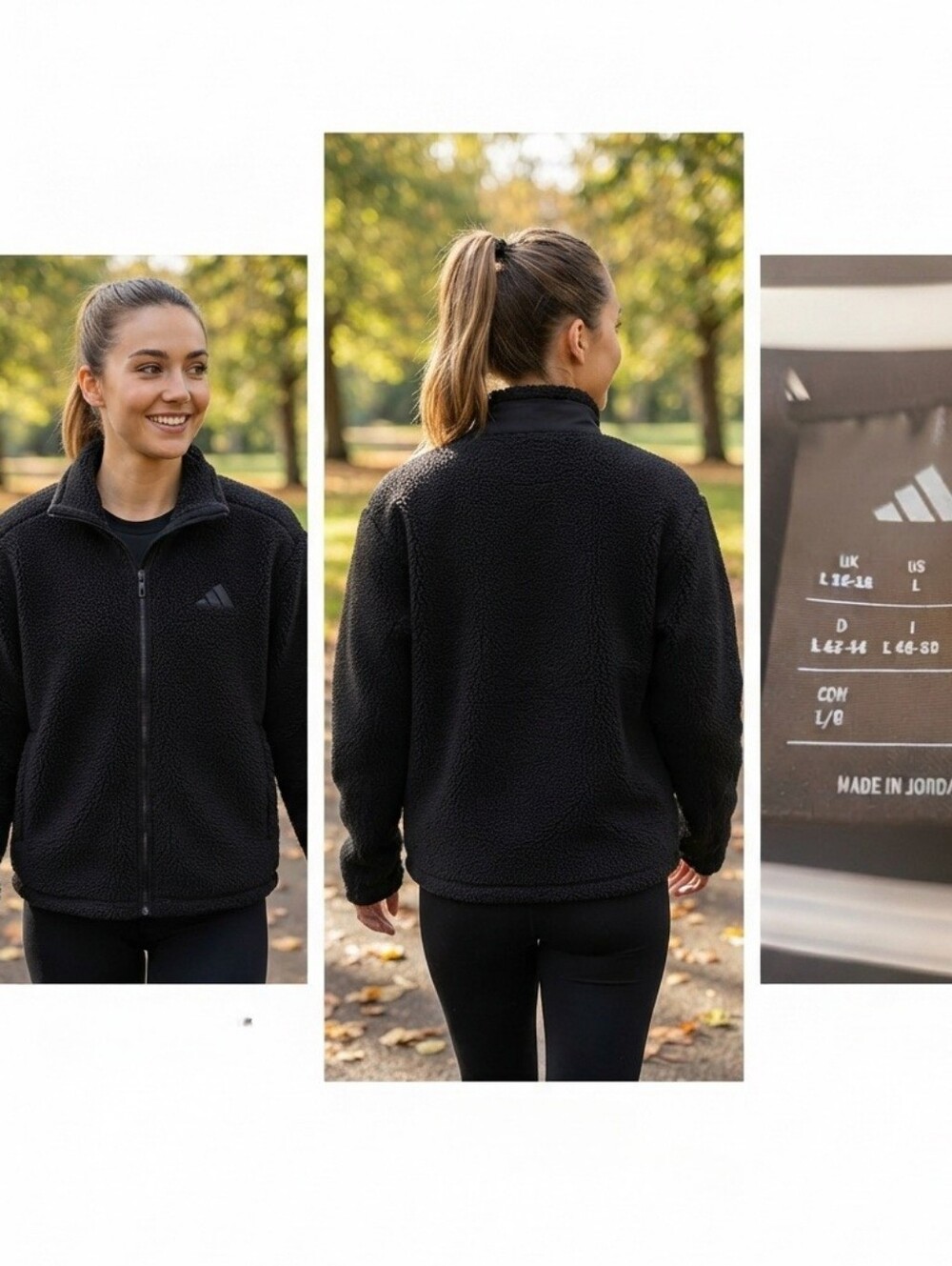 Adidas Black Sherpa Fleece Full-Zip Jacket Cozy Winter Activewear Sz L